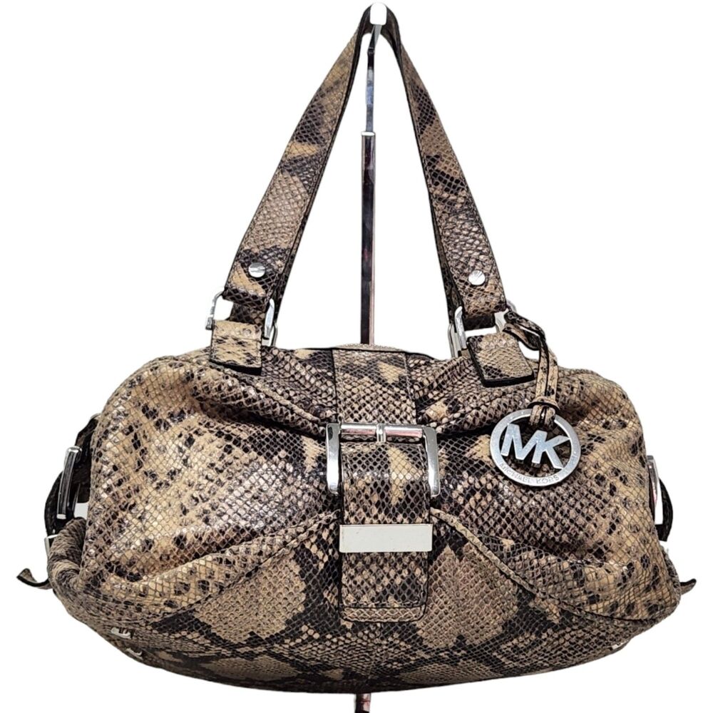 Michael Kors Heidi Dark Sand Satchel tan brown black silver snake print bag 2009
